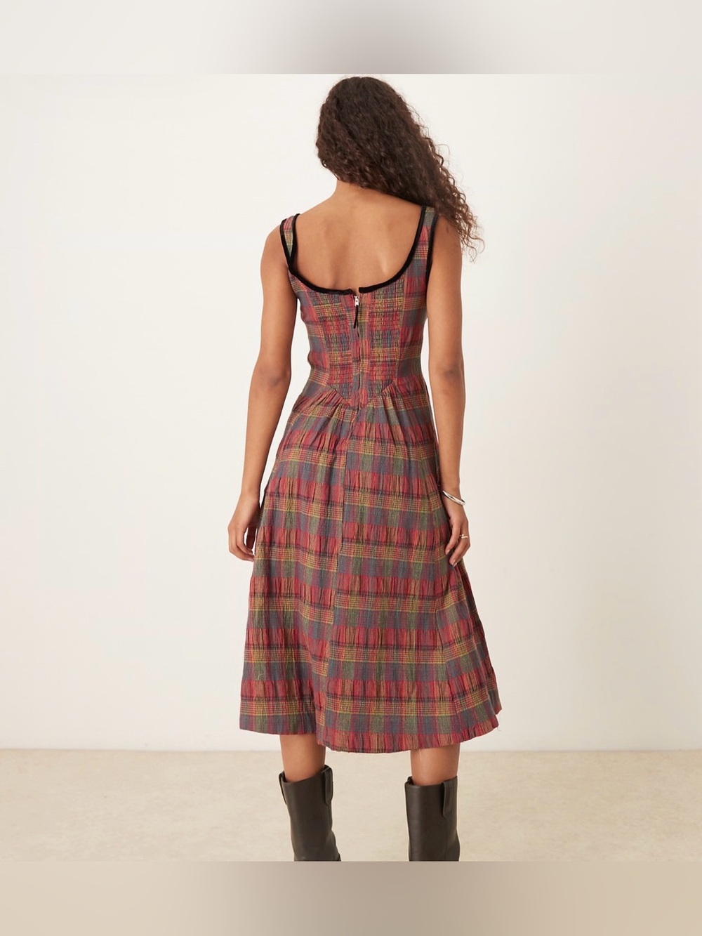 Free People Freya Strappy Plaid Midi Dress Cherry Medium NWT - Picture 2 of 16